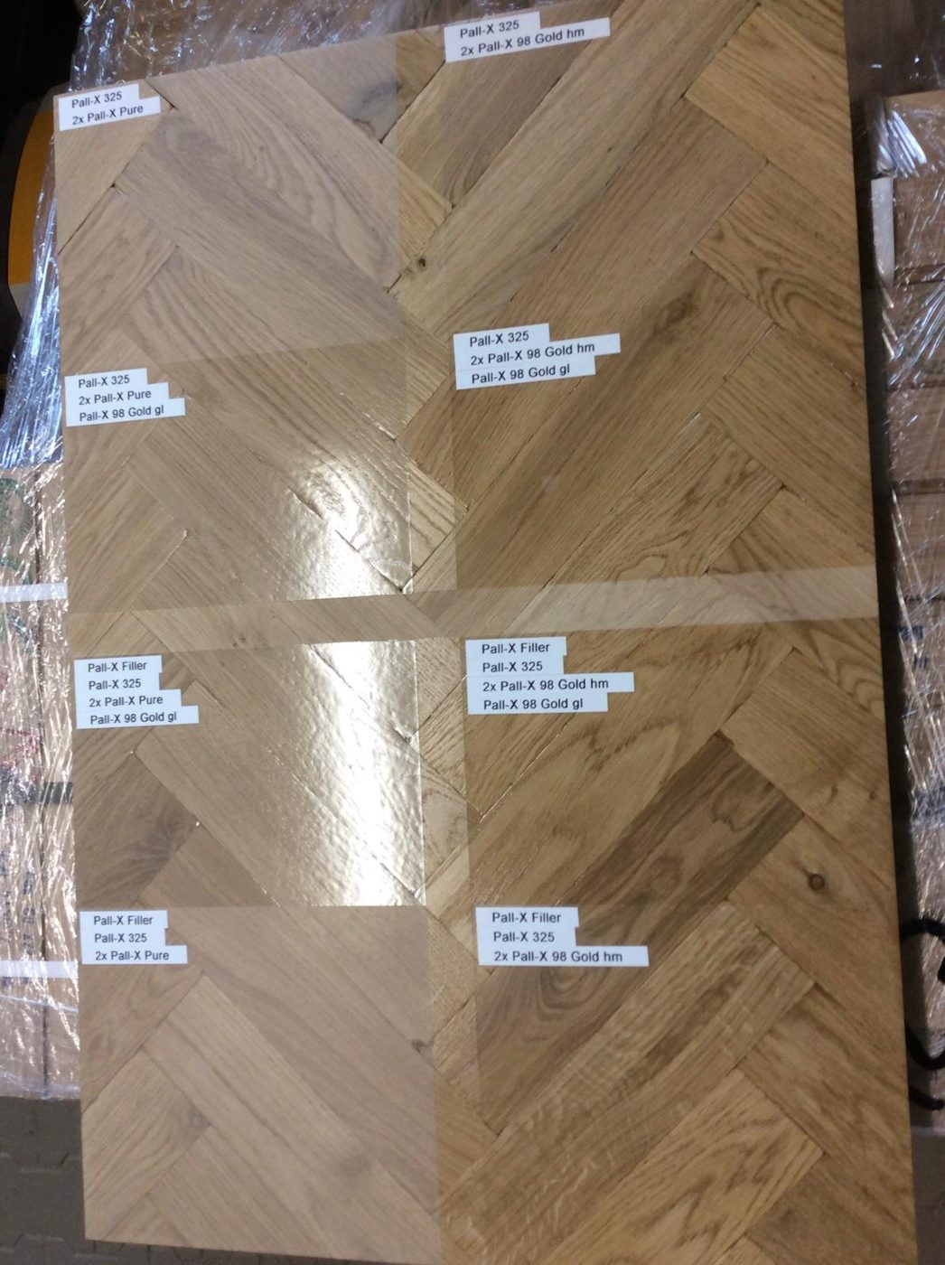Sample board with complete Pallmann build-ups on herringbone