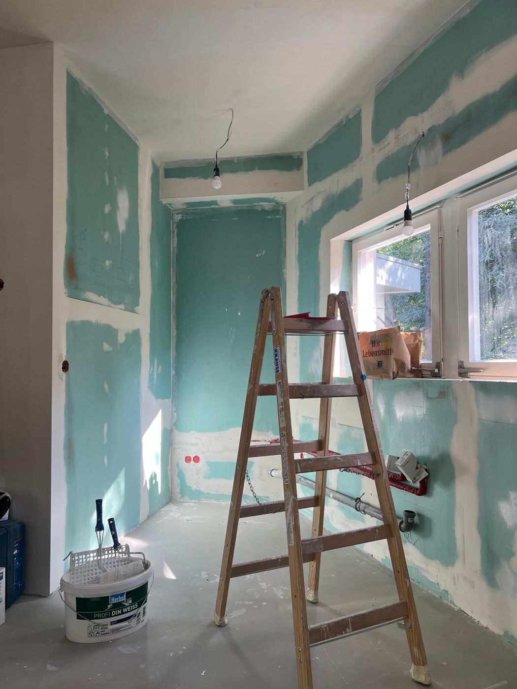 Drywall partitions of a kitchen during apartment refurbishment
